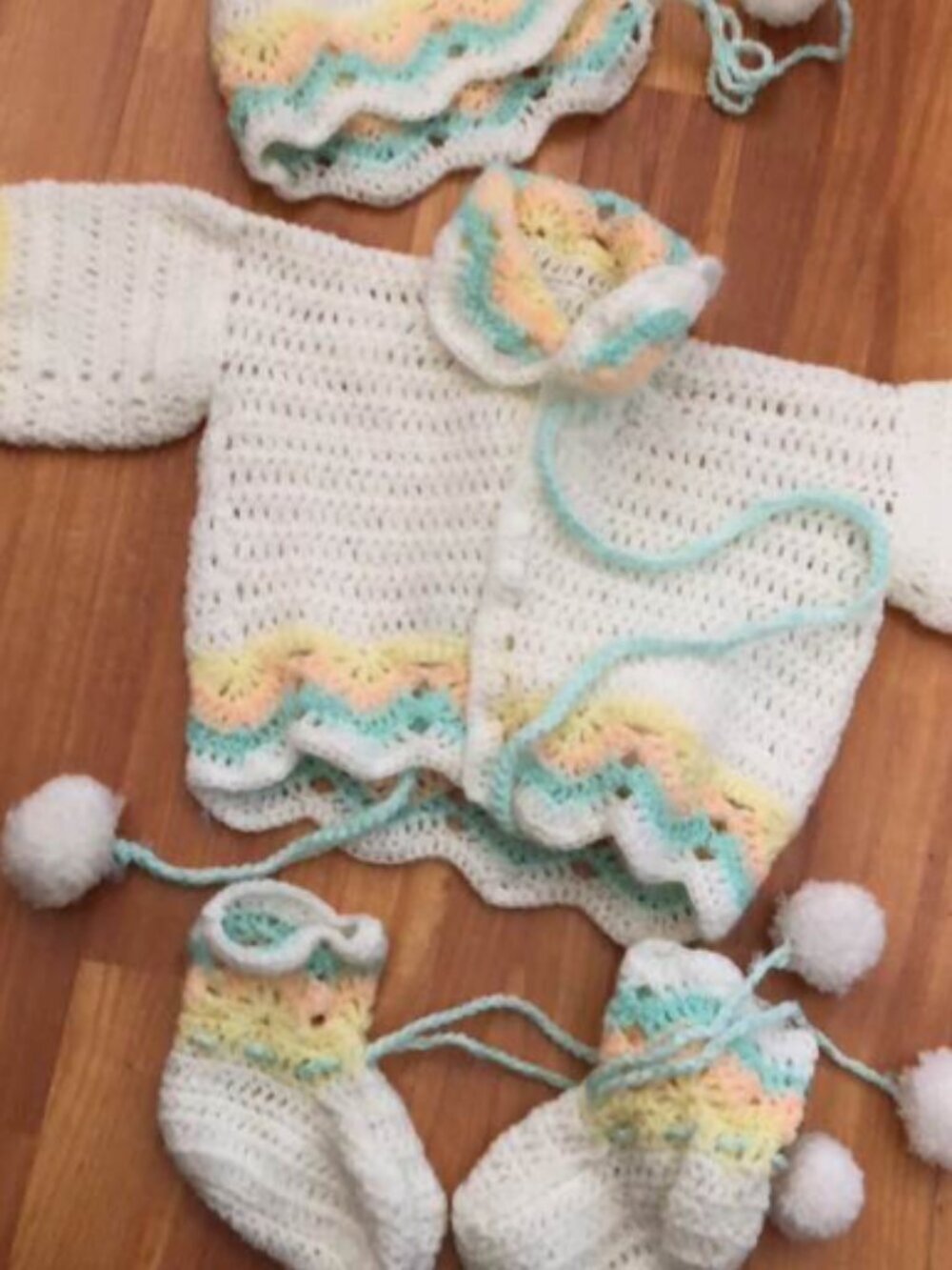 Hand-crocheted Baby Sweater, Bonnet and Booties
